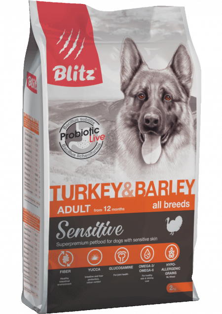 Сухой корм на zoomaugli.ru BLitz Sensitive Adult All Breeds Turkey & Barley для собак всех пород с индейкой и ячменём 2 кг